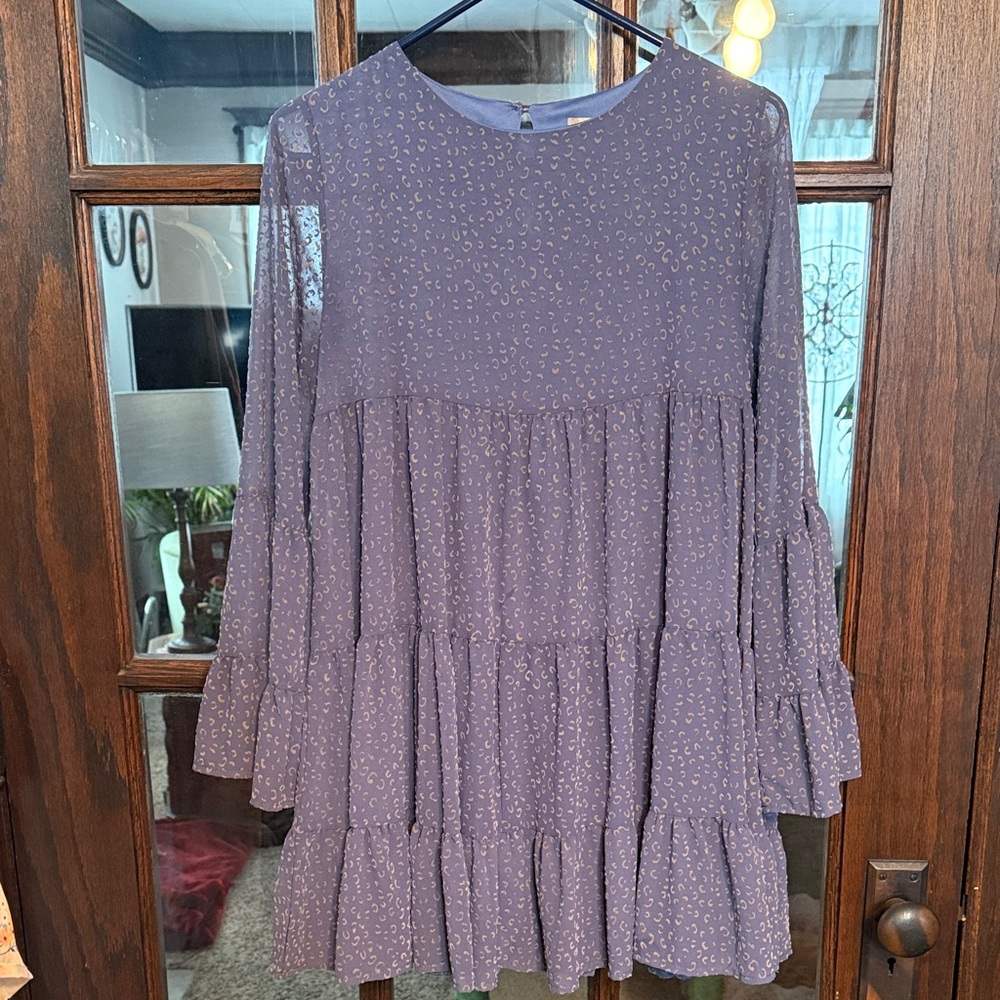 Altar'd State Womens XS Blue Metallic Leopard Tiered Babydoll‎ Bell Sleeve Dress